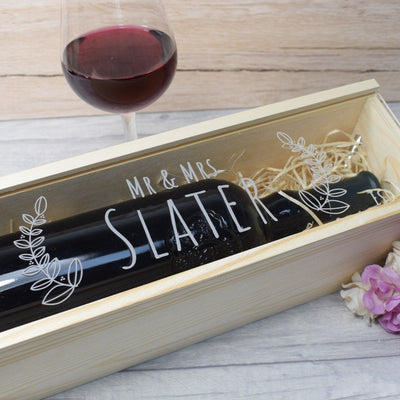 Personalised Wine Box With Clear Lid - Mr & Mrs With Leaves