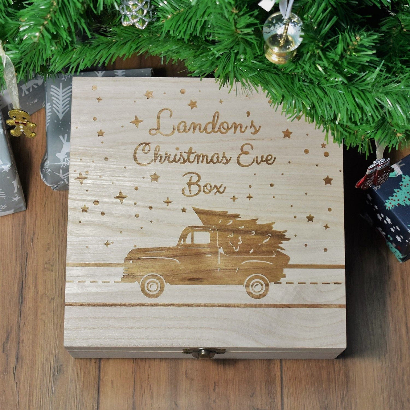 Personalised, Engraved Wooden Christmas Eve Box - Christmas Truck & Tree