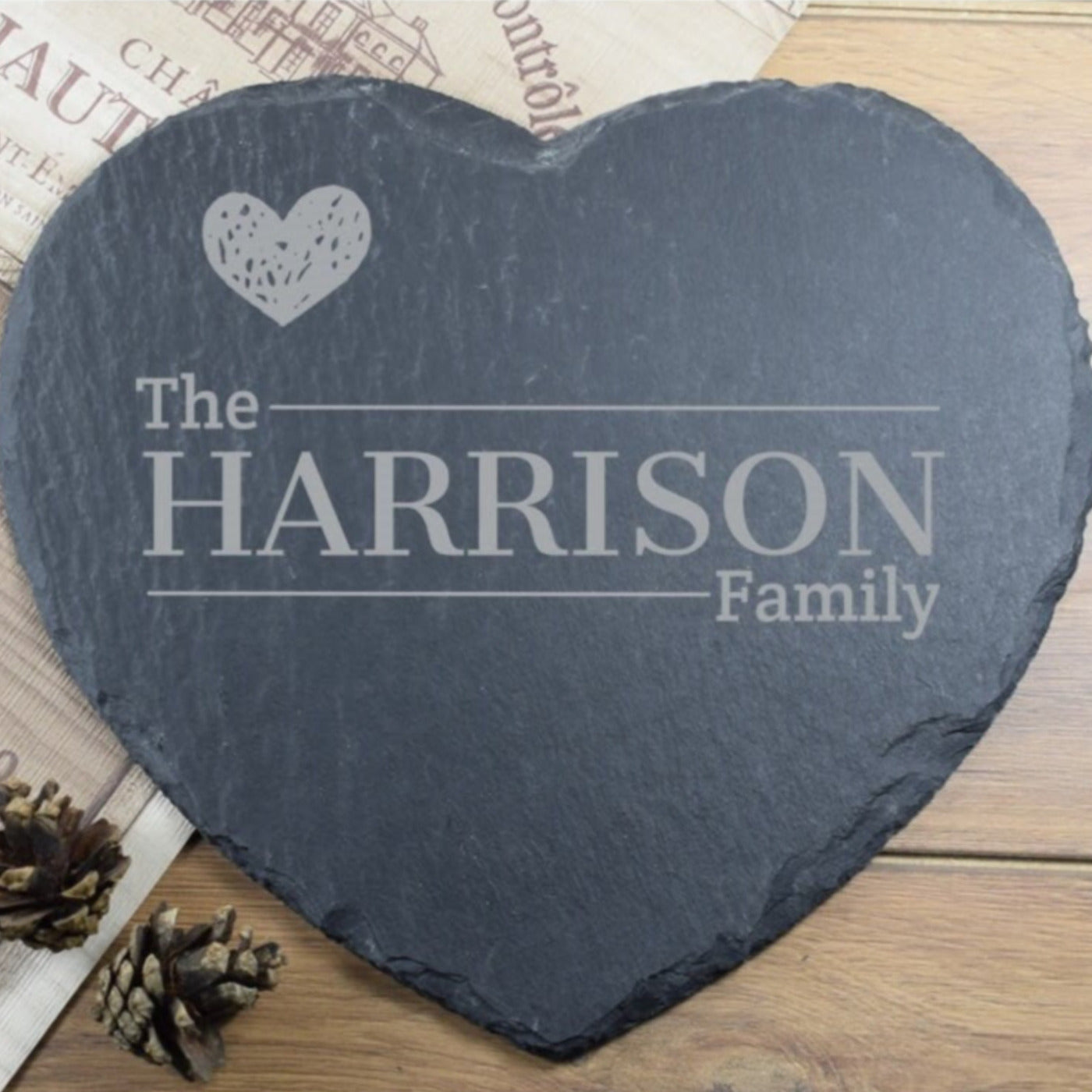 Personalised Engraved Heart Slate Placemat, The Family, Platter, Cheeseboard, Valentines, Wedding Gift, Housewarming Gift, Custom Name
