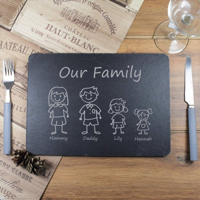Personalised Engraved Slate Placemat, The Family, Platter, Cheeseboard, Valentines, Wedding Gift, Housewarming Gift, Stick Figures