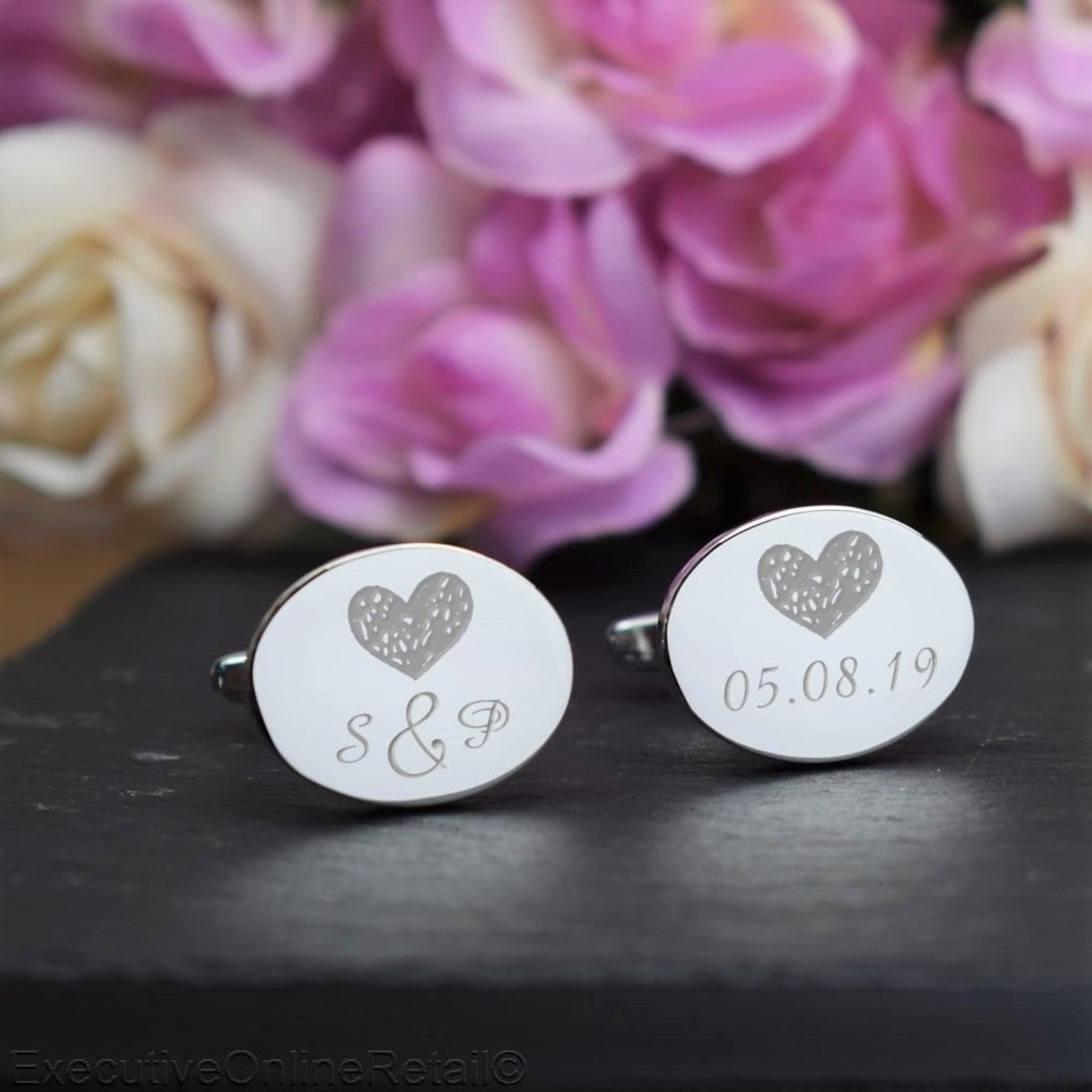 Engraved Wedding Day Oval Cufflinks - Heart and Initials