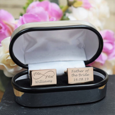 Personalised Rose Gold Rectangle Cufflinks - Wedding, Mr & Mrs, Infinity