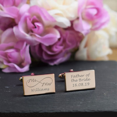 Personalised Rose Gold Rectangle Cufflinks - Wedding, Mr & Mrs, Infinity