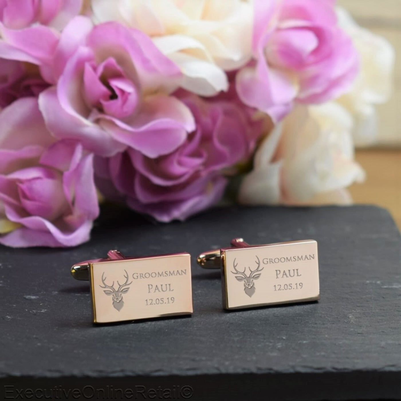 Personalised Rose Gold Rectangle Cufflinks - Wedding, Stag Do, Groomsman