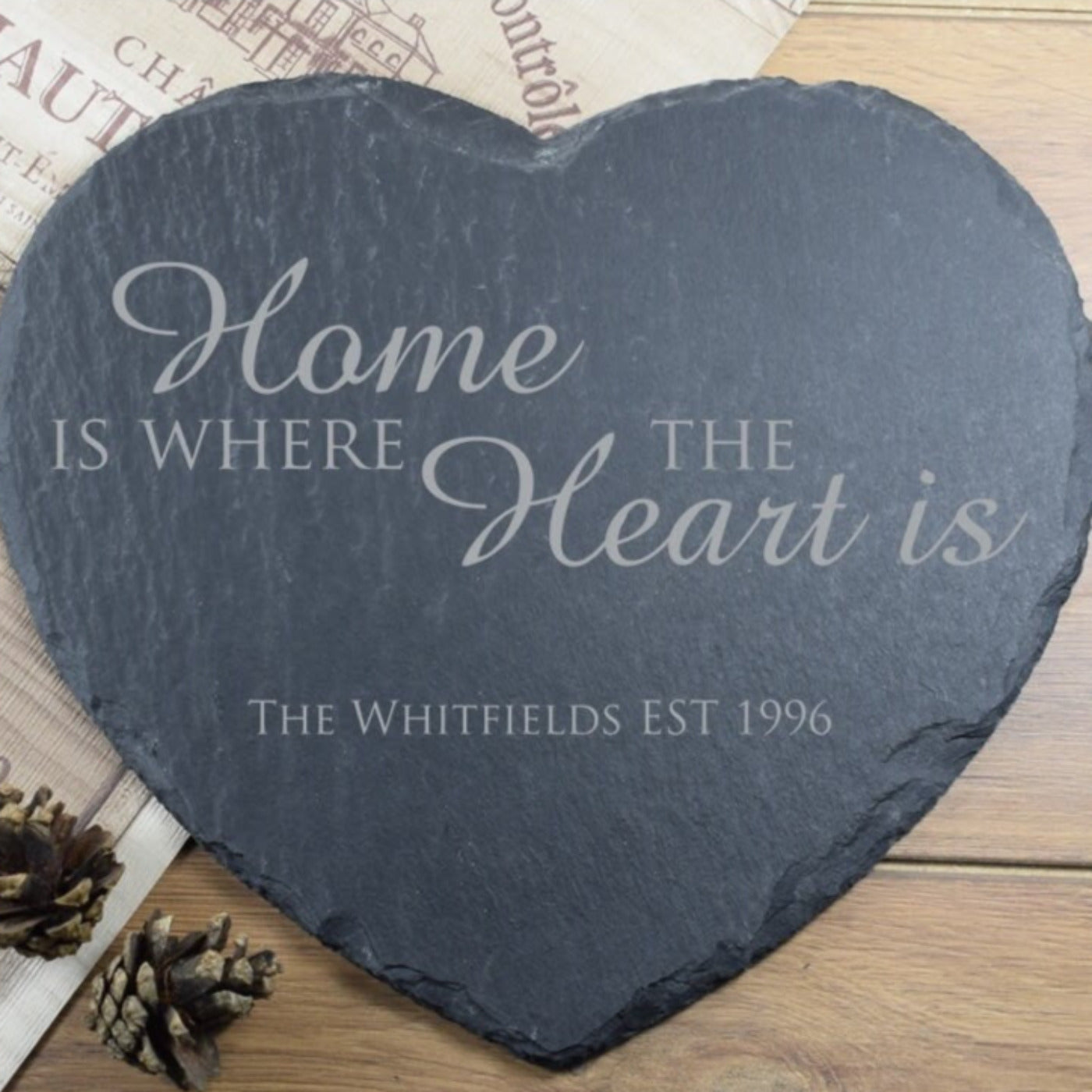 Personalised Engraved Heart Slate Placemat, Home is Where The Heart Is, Platter, Cheeseboard, Valentines, Wedding Gift, Housewarming Gift