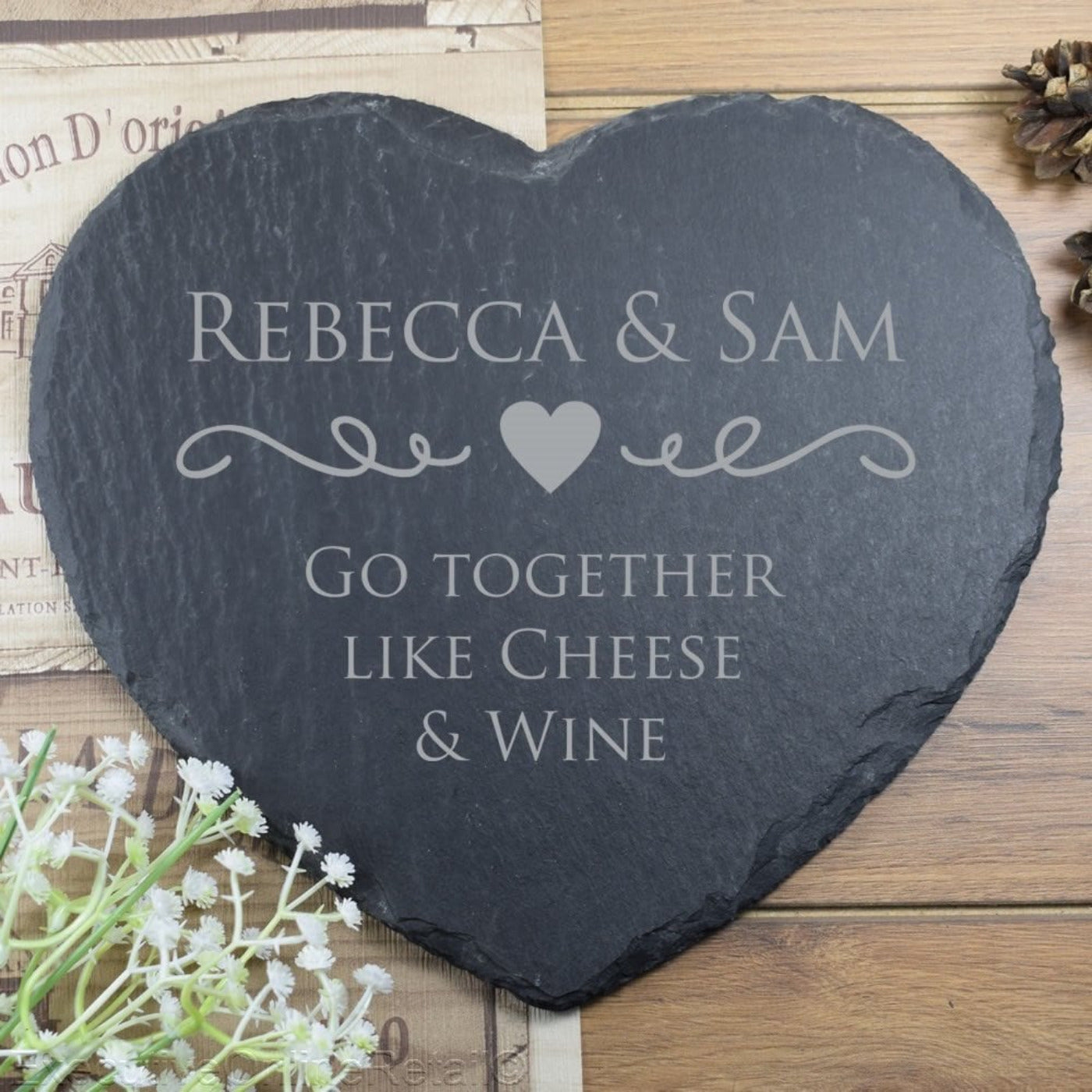 Personalised Engraved Heart Slate Placemat, Cheese and Wine, Platter, Cheeseboard, Valentines Gift, Wedding Gift, Housewarming, Couples