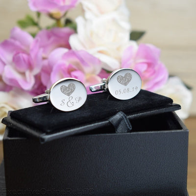 Engraved Wedding Day Oval Cufflinks - Heart and Initials