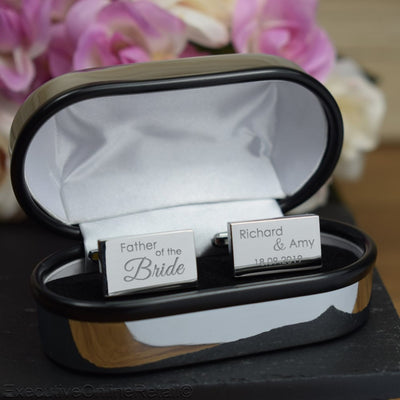 Engraved Wedding Day Silver Rectangular Cufflinks -  Father of the Bride