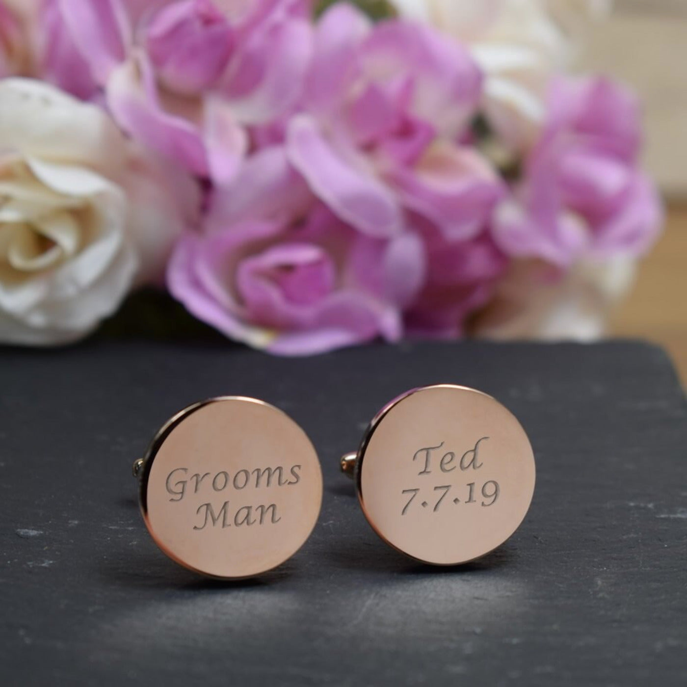 Personalised Rose Gold Round Cufflinks - Wedding, Groomsman