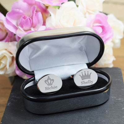 Engraved Oval Wedding Cufflinks - Crowns King and Queen