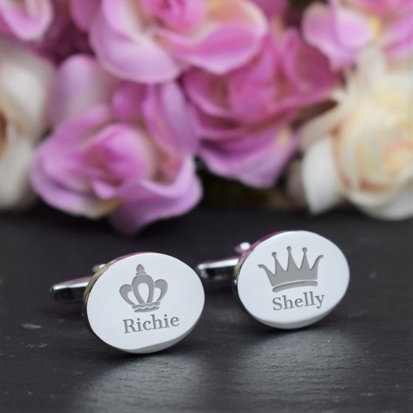 Engraved Oval Wedding Cufflinks - Crowns King and Queen