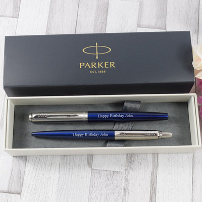 Personalised Royal Blue Parker Jotter Ball Pen & Fountain Pen Set