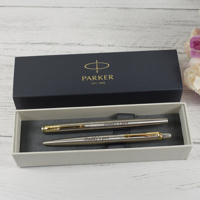Personalised Stainless Steel Gold Trim Parker Jotter Ball Pen & Fountain Pen Set