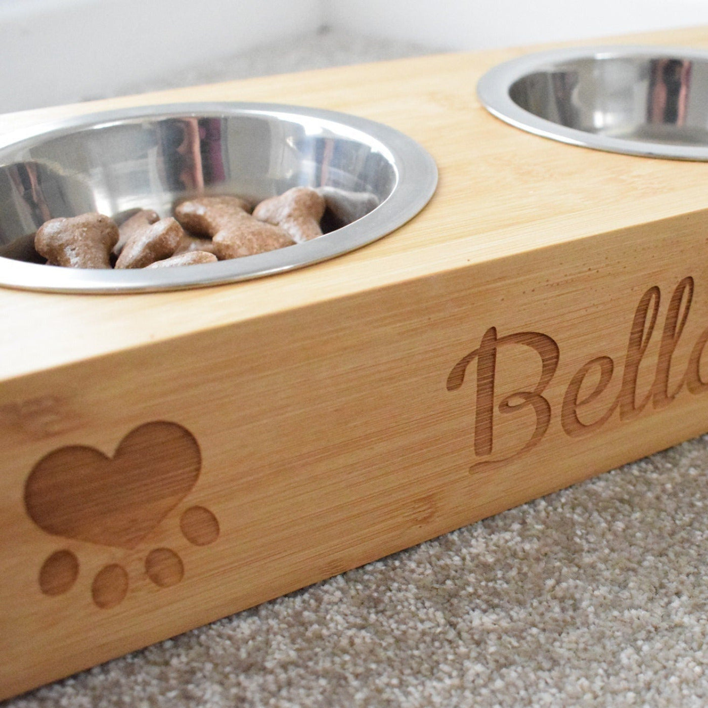 Personalised Bamboo Pet Bowl - Heart & Paws