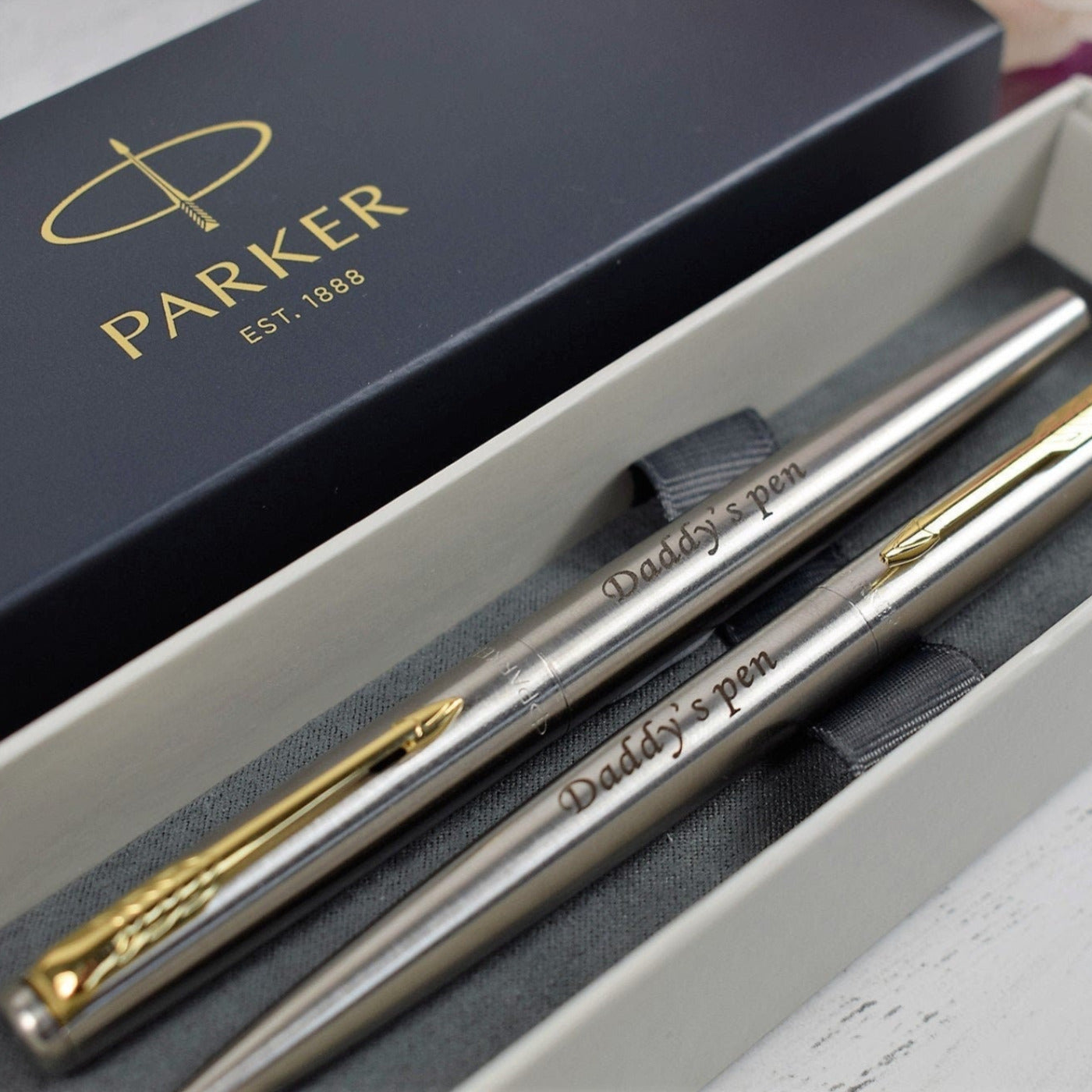 Personalised Stainless Steel Gold Trim Parker Jotter Ball Pen & Fountain Pen Set