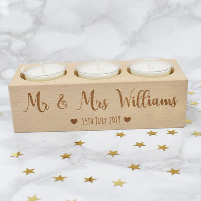 Personalised Wooden Tealight Holder - Mr & Mrs Hearts