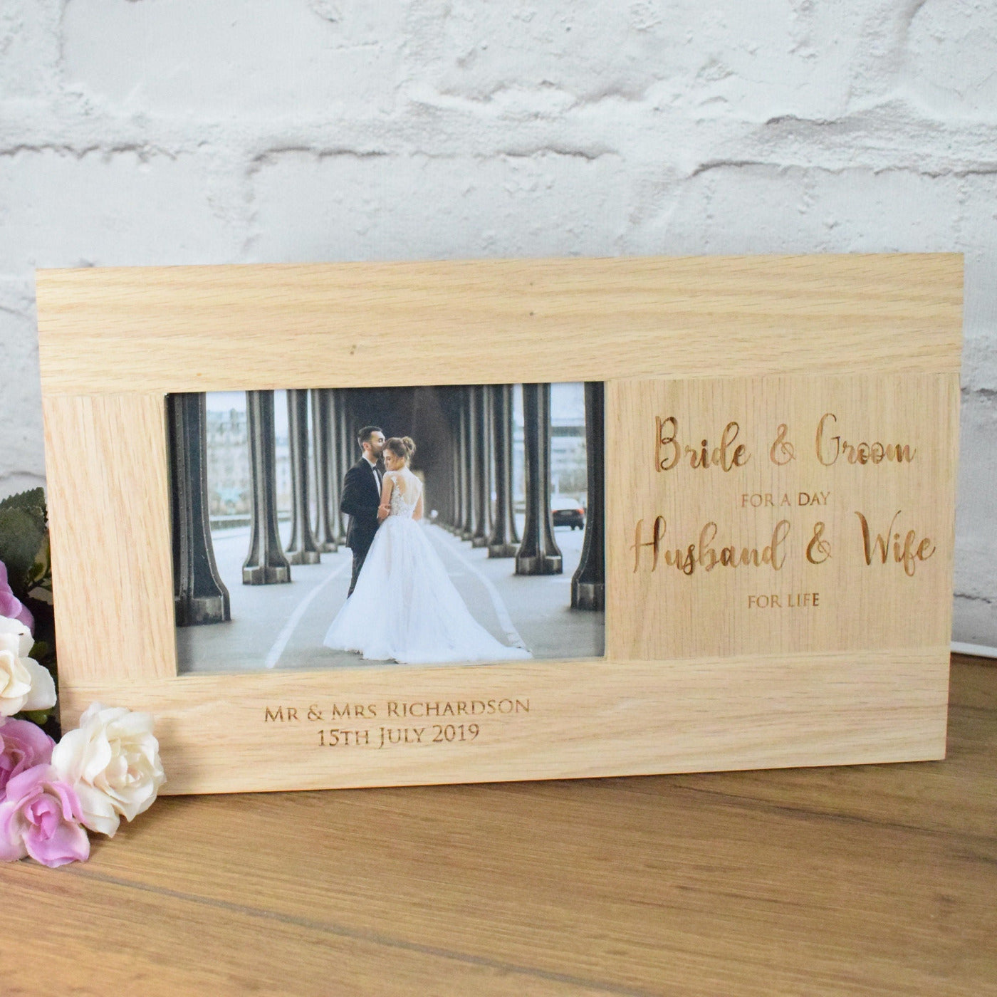 Personalised Wedding Photo Frame, Wedding Frames Personalised, Wedding Gift, Engraved Solid Oak 6x4 Photo frame - Bride & Groom for a Day....