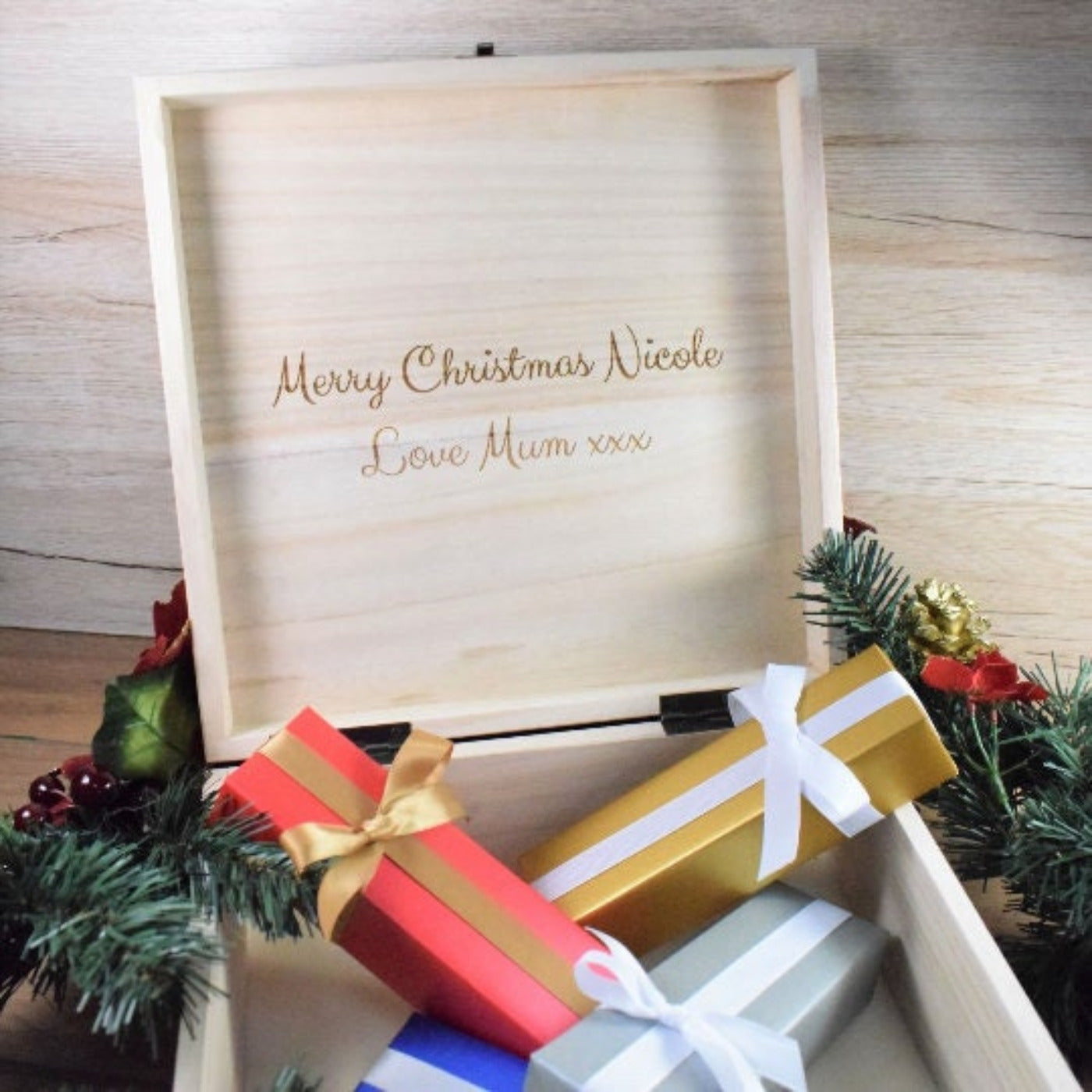 Personalised Christmas Eve Box - Wooden Christmas Box, Snowy Scene Design