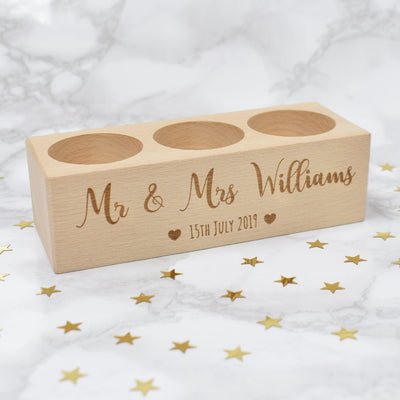 Personalised Wooden Tealight Holder - Mr & Mrs Hearts