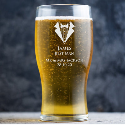 Personalised Wedding Beer Glass Classic Design - Name with Tuxedo