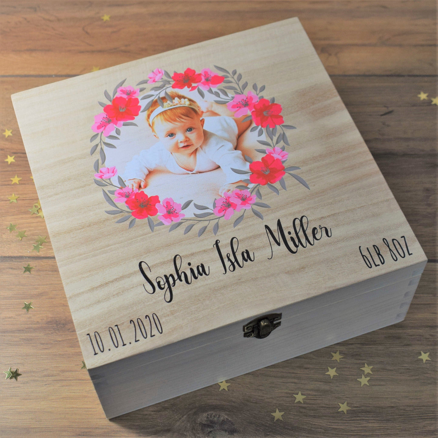Personalised Photo Printed Wooden Keepsake Box - New Baby Girl & Pink Wreath
