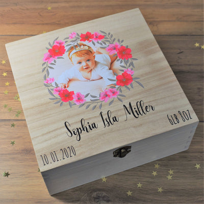 Personalised Photo Printed Wooden Keepsake Box - New Baby Girl & Pink Wreath