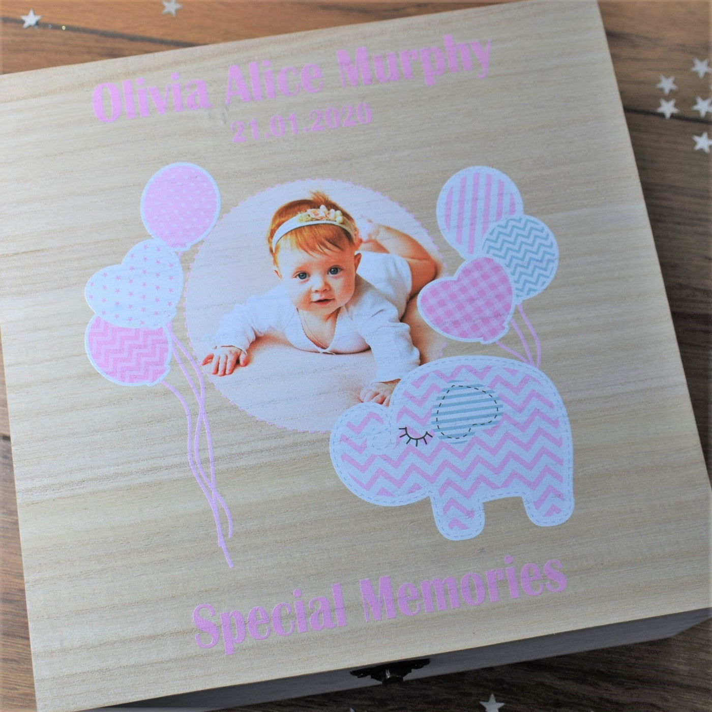 Personalised, Photo Printed Wooden Keepsake Box - New Baby Girl & Pink Elephant