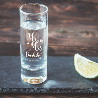 Engraved Wedding Shot Glass - Mr & Mrs With Date & Hearts