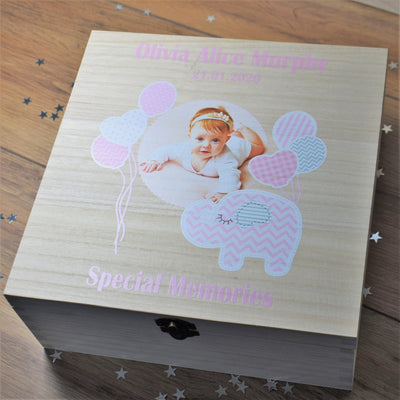 Personalised, Photo Printed Wooden Keepsake Box - New Baby Girl & Pink Elephant