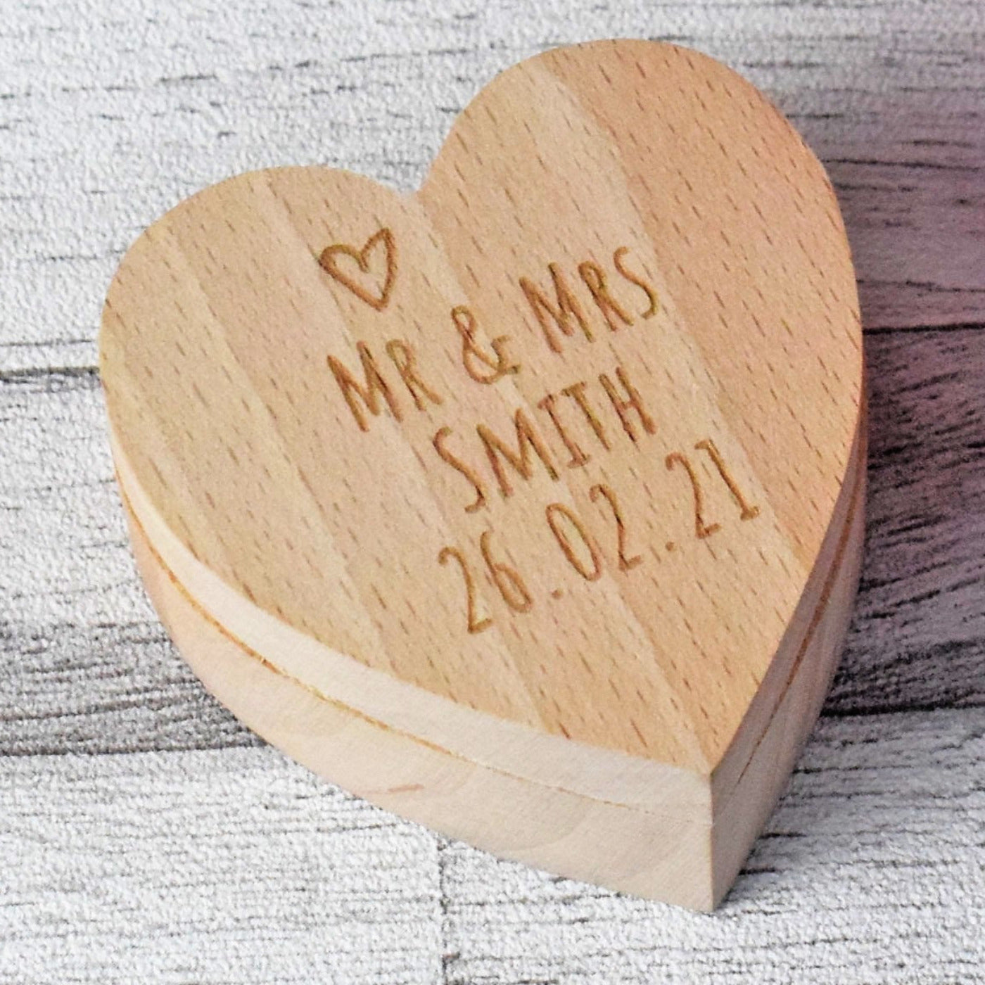 Personalised Wedding Ring Box - Engraved Wedding Ring Box Rustic Heart Shaped Wooden Ring Box - Wedding Day, Bride & Groom Surname
