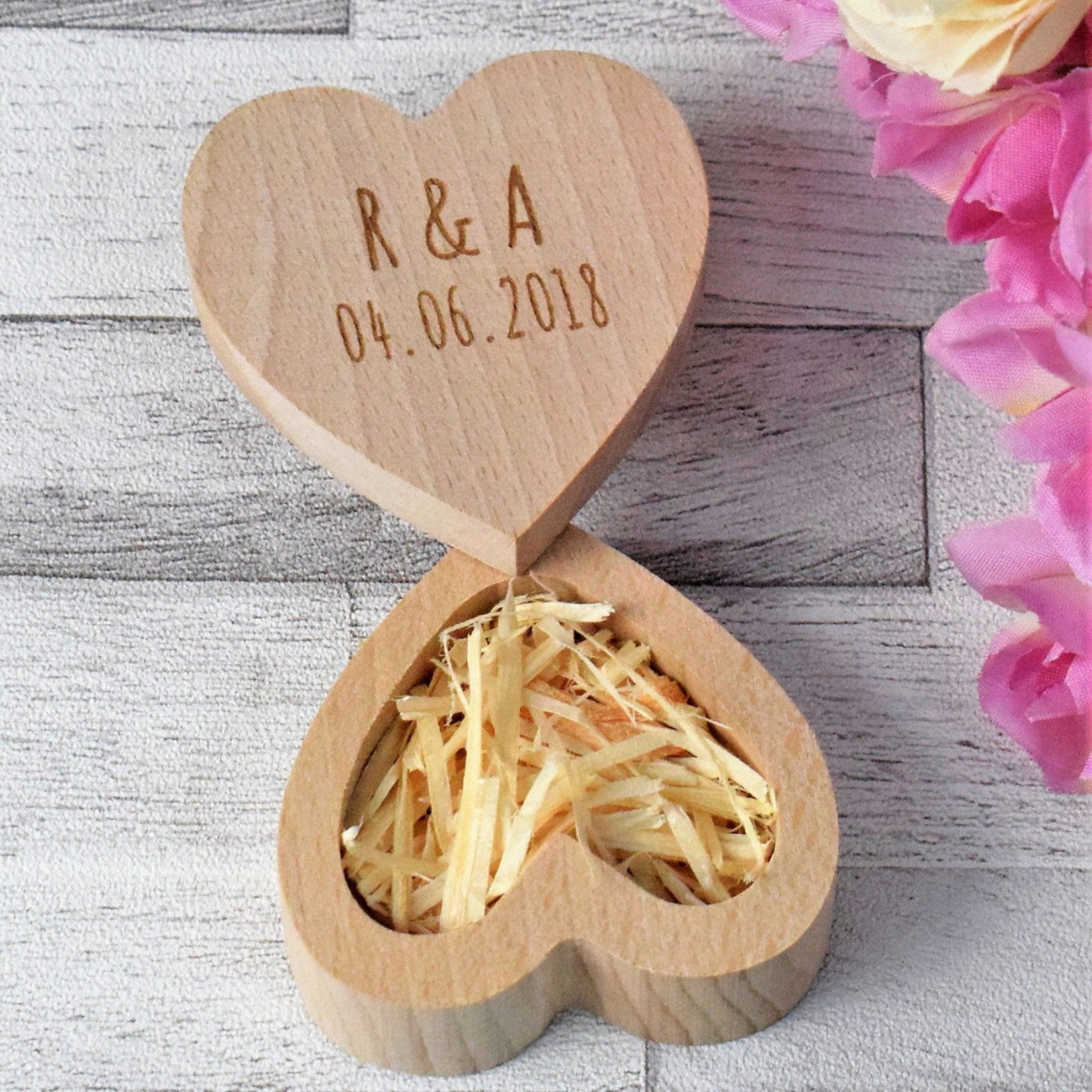 Personalised Wedding Ring Box - Engraved Wedding Ring Box Rustic Heart Shaped Wooden Ring Box - Wedding Day, Bride & Groom