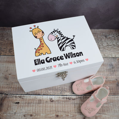 Personalised Baby Memory Box - Wooden Baby Keepsake Boxes, New Baby Gifts for Baby, New Mam's, Christening Gift, Zebra & Giraffe - Pink