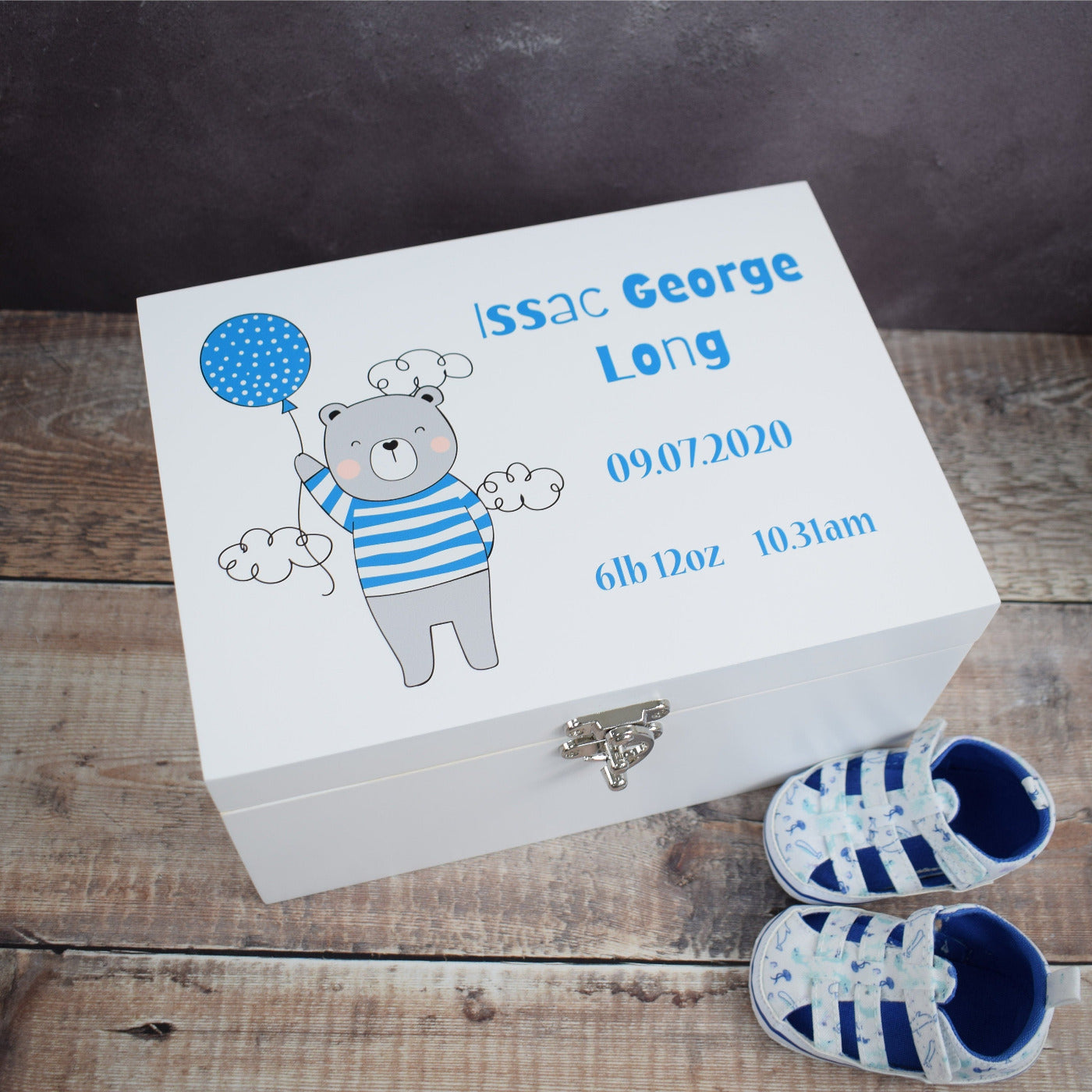 Personalised New Baby Keepsake Box - White Wooden Baby Memory Boxes, New Baby Gifts, New Mam's, Christening Gift, Bear Balloon - Blue