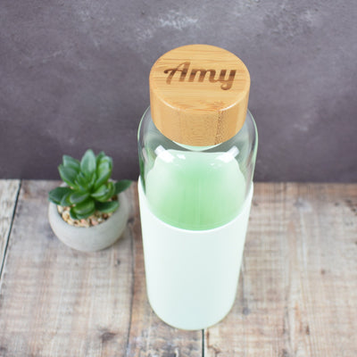 Personalised Glass Water Bottle ENGRAVED 600ml Water Bottles - Mint Green Glass Drinks Bottle, Gym Gift Coach Gift, Reusable Bottle