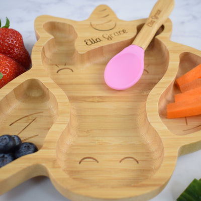 Personalised Children's Bamboo Weaning Plate with Pink Suction Ring - Unicorn