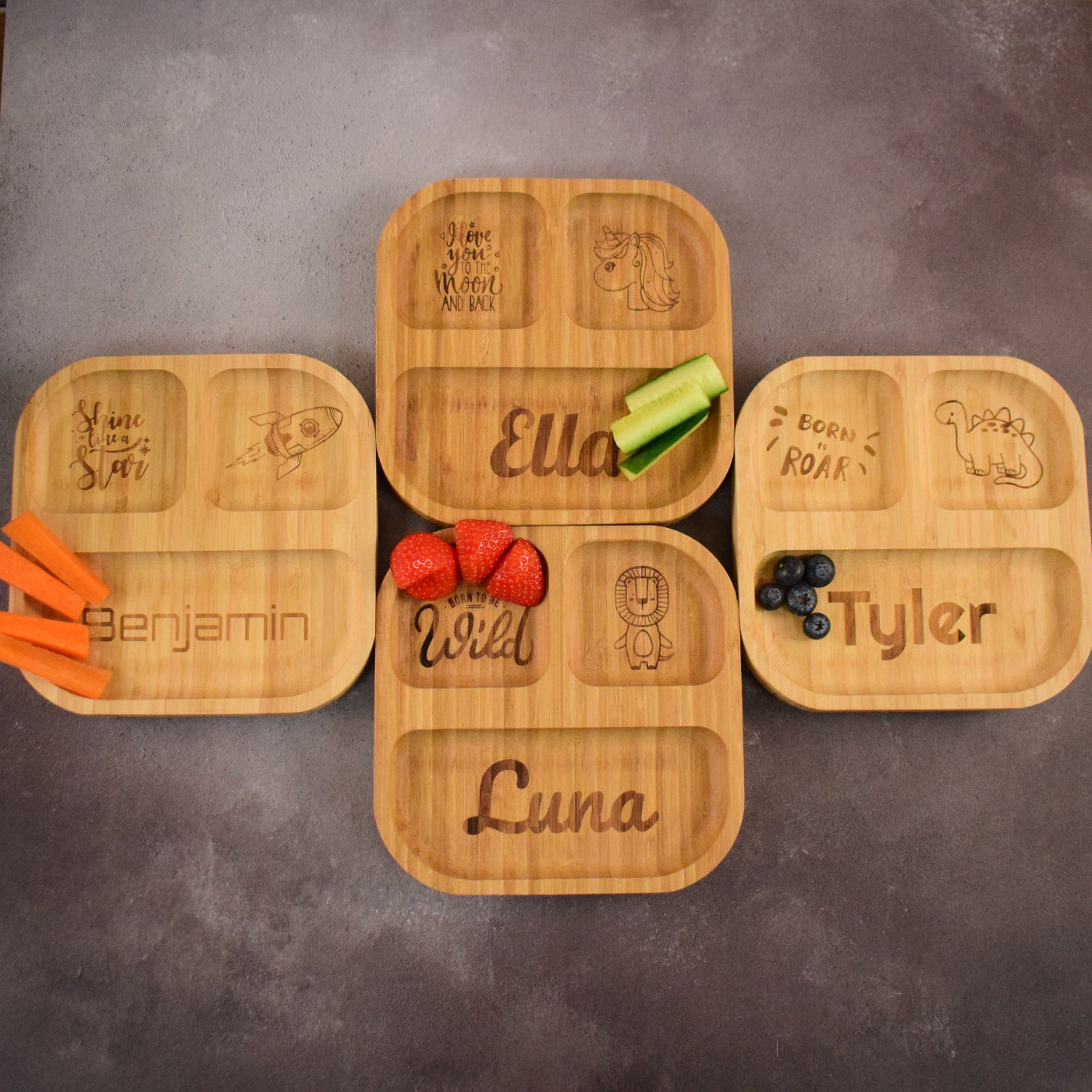 Personalised Engraved Bamboo Children's Plate - Weaning - Baby Gift - Toddler Gifts- 4 Section Square Bamboo Plate with Suction