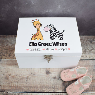 Personalised Baby Memory Box - Wooden Baby Keepsake Boxes, New Baby Gifts for Baby, New Mam's, Christening Gift, Zebra & Giraffe - Pink