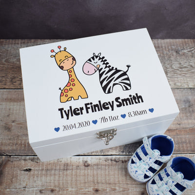 Personalised Baby Memory Box - Wooden Baby Keepsake Boxes, New Baby Gifts for Baby, New Mam's, Christening Gift, Zebra & Giraffe - Blue