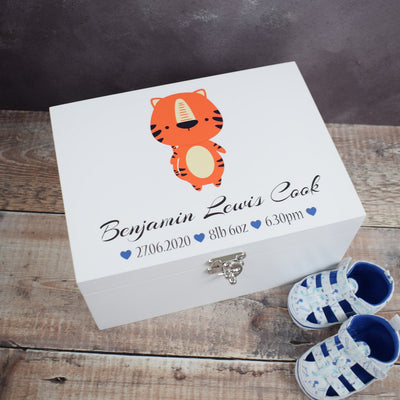 Personalised Baby Memory Box - Wooden Baby Keepsake Boxes, New Baby Gifts for Baby, New Mam's, Christening Gift, Cute Animals - Blue