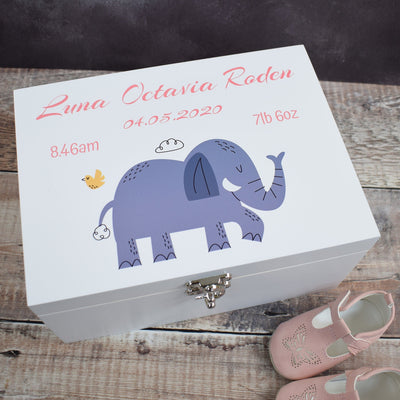 Personalised Baby Memory Box - Wooden Baby Keepsake Boxes, New Baby Gifts for Baby, New Mam's, Christening Gift, Cute Elephant