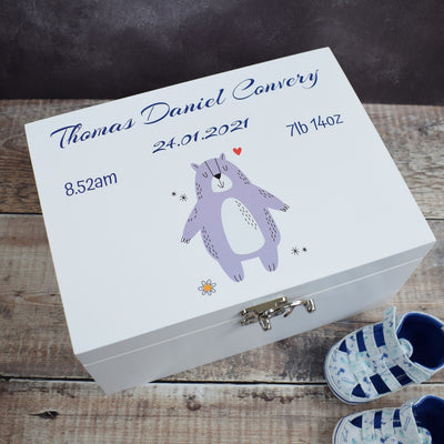 Personalised Baby Memory Box - Wooden Baby Keepsake Boxes, New Baby Gifts for Baby, New Mam's, Christening Gift, Cute Bear