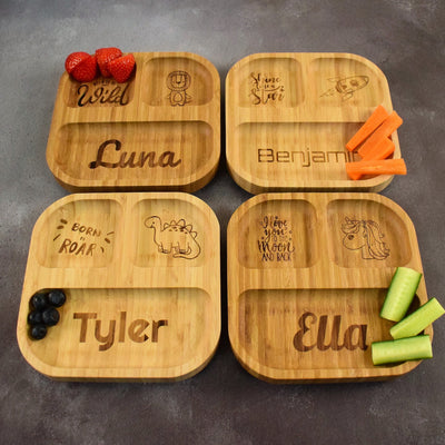 Personalised Engraved Bamboo Children's Plate - Weaning - Baby Gift - Toddler Gifts- 4 Section Square Bamboo Plate with Suction