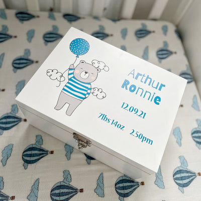 Personalised New Baby Keepsake Box - White Wooden Baby Memory Boxes, New Baby Gifts, New Mam's, Christening Gift, Bear Balloon - Blue