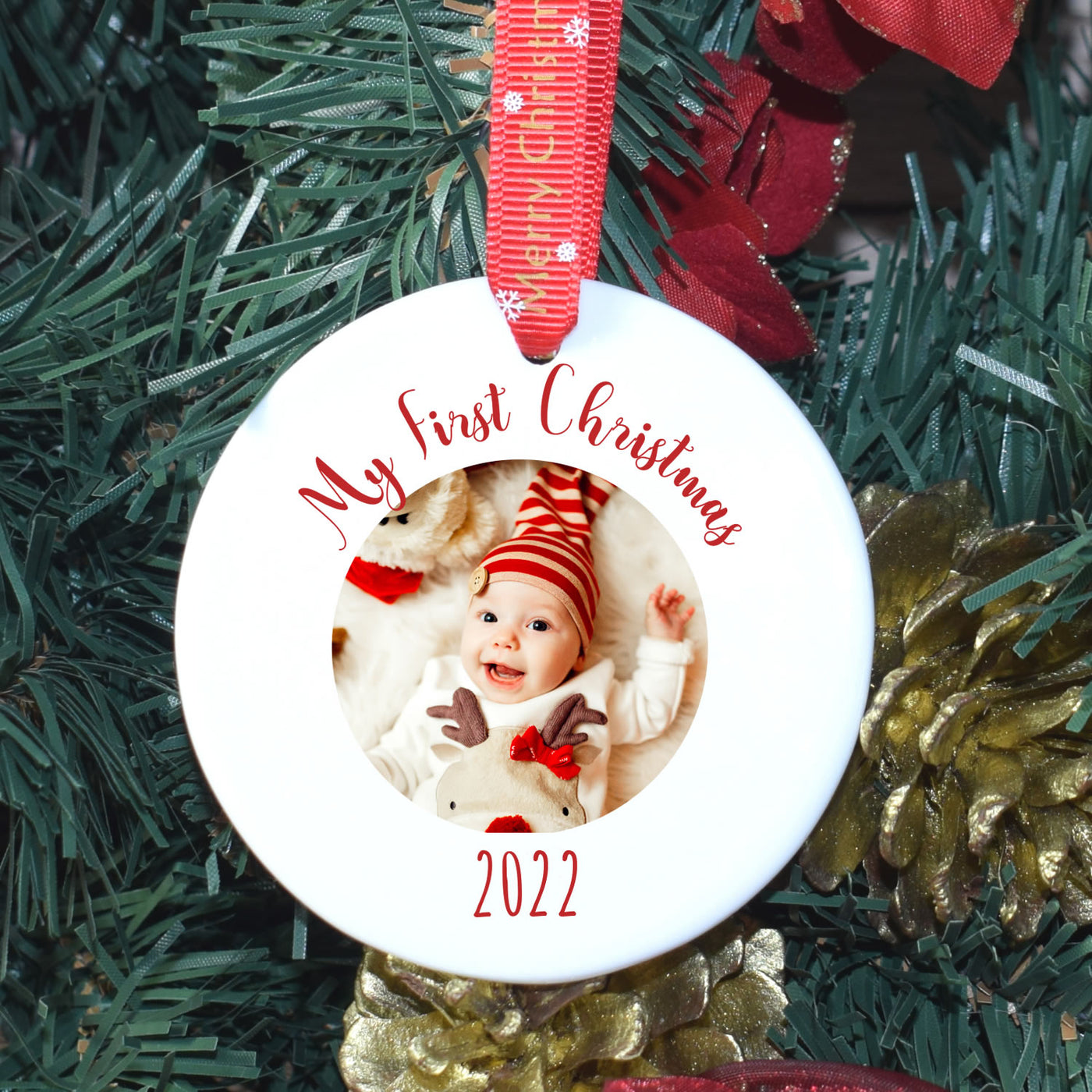 Personalised Ceramic First Christmas Bauble - Custom Photo & Red Script