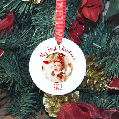 Personalised Ceramic First Christmas Bauble - Custom Photo & Red Script