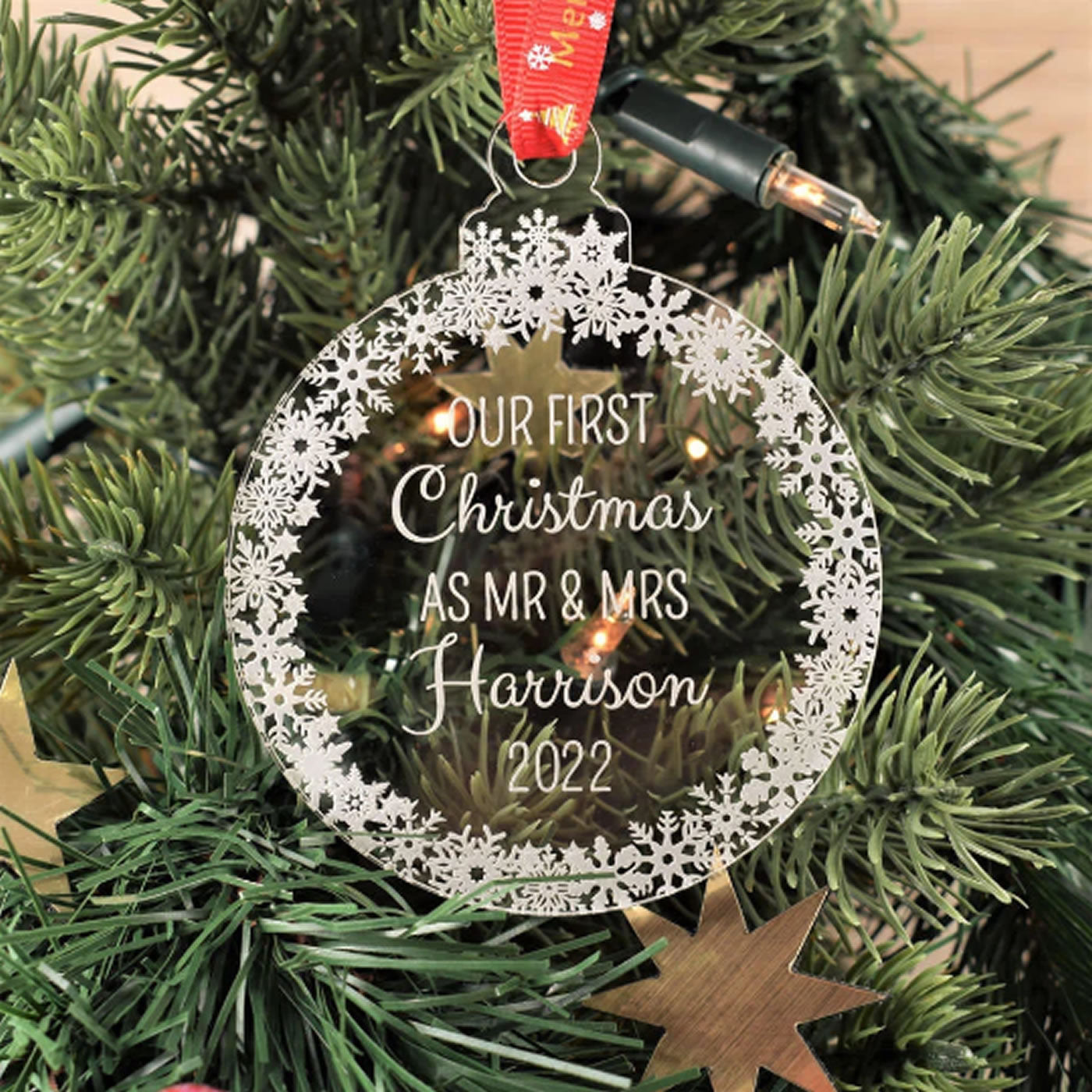 Personalised Round Christmas Bauble - First Christmas Married