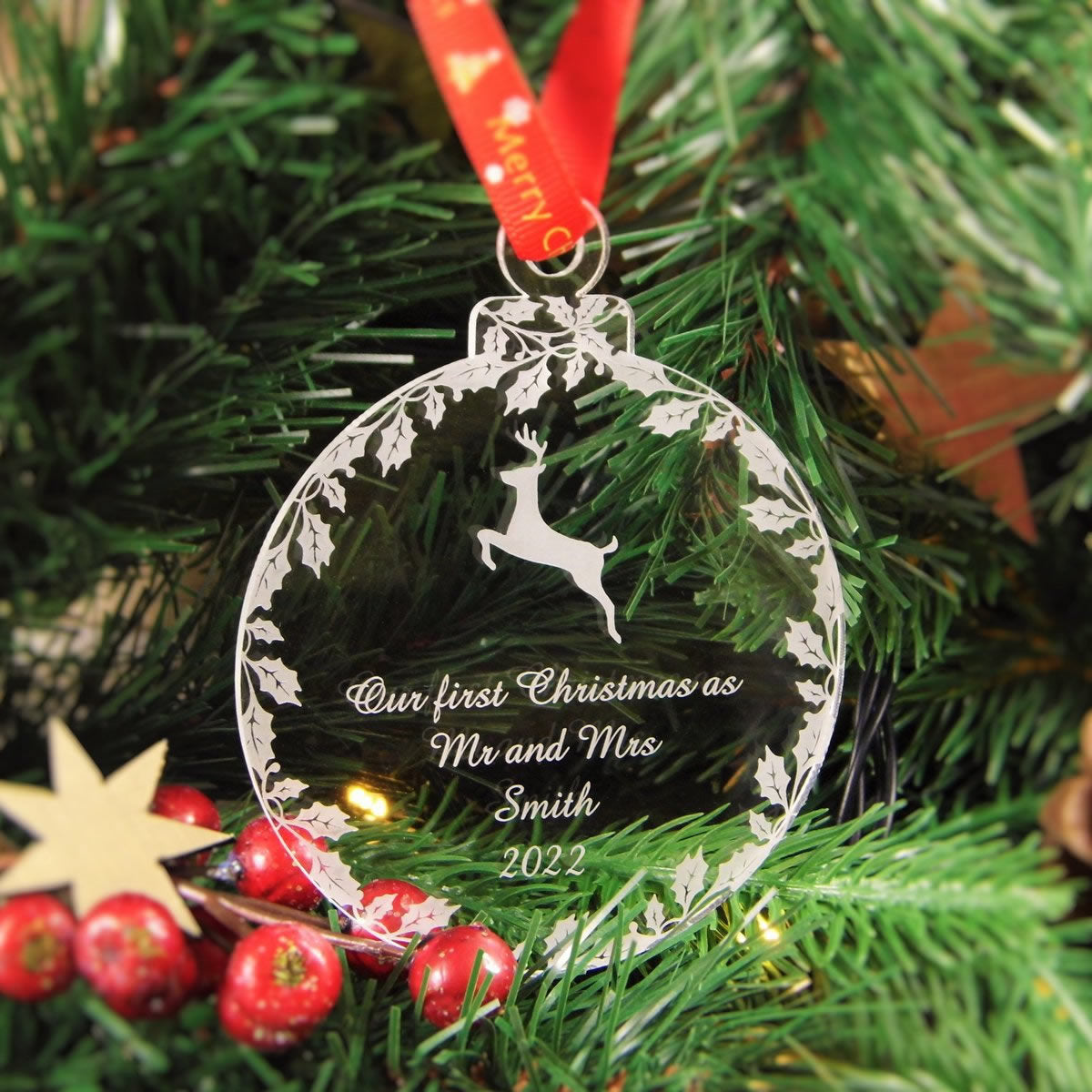 Personalised Christmas Tree Bauble - Mr & Mrs With Reindeer