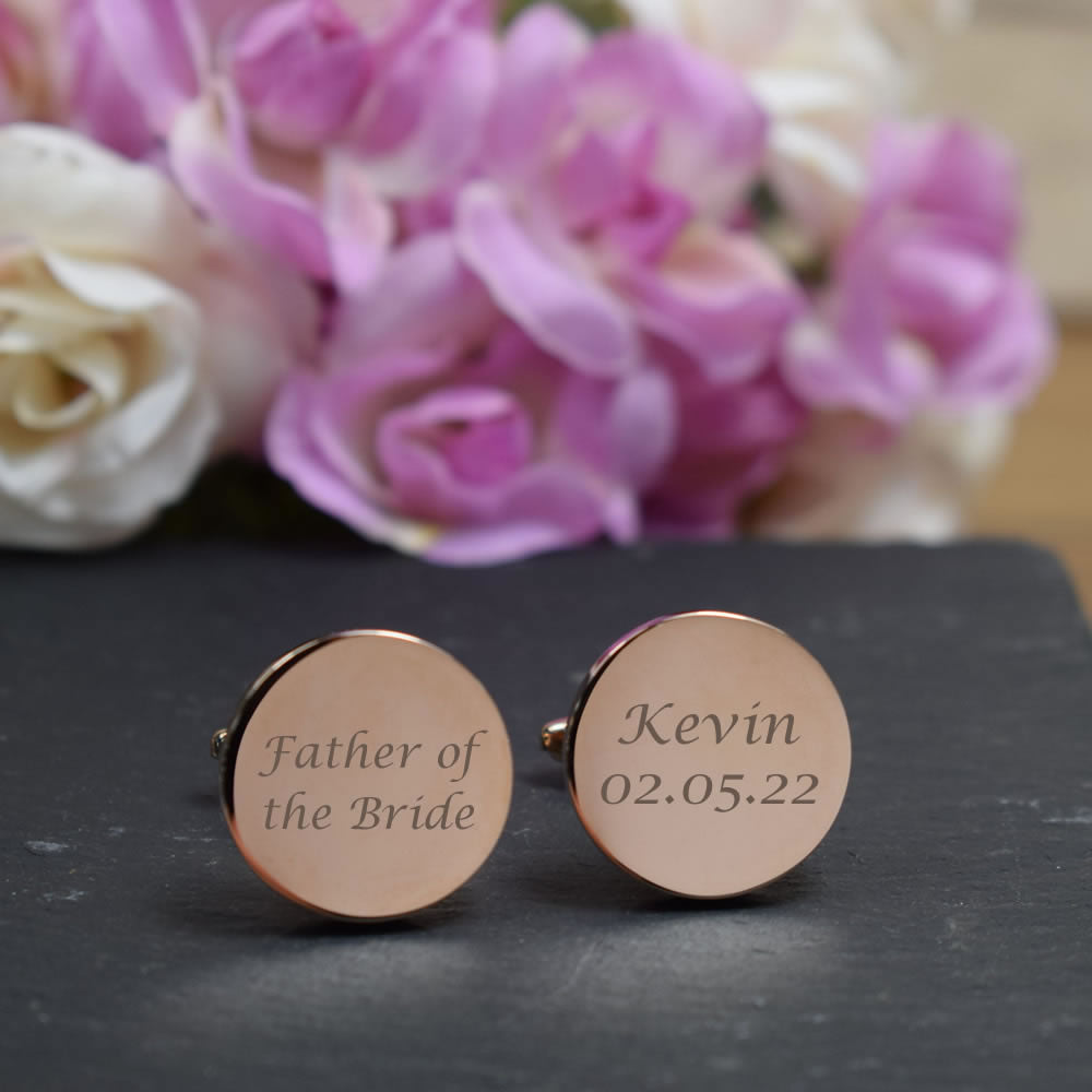 Personalised Rose Gold Round Wedding Cufflinks - Father Of The Bride